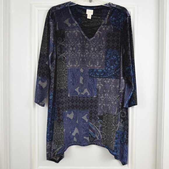 Chicos Velvet Midnight Patchwork Tunic Top Women 3 Whimsigoth Witchy Lagenlook - Picture 2 of 10